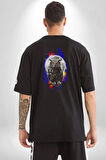 Baykuş Ay Gece Uğur Pamuklu Kadın Erkek Oversize Sırt Dijital Baskılı Siyah T-shirt