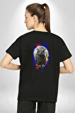 Baykuş Ay Gece Uğur Pamuklu Kadın Erkek Oversize Sırt Dijital Baskılı Siyah T-shirt
