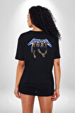 Metalica Rock Grup  Pamuklu Kadın Erkek Oversize Sırt Dijital Baskılı Siyah T-shirt