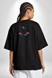Superman Karakter Pamuklu Kadın Erkek Oversize Sırt Dijital Baskılı Siyah T-shirt
