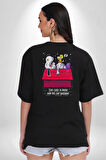 Snopy Kuş Kavgası Çizgi Film Pamuklu Kadın Erkek Oversize Sırt Dijital Baskılı Siyah T-shirt