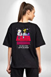 Snopy Kuş Kavgası Çizgi Film Pamuklu Kadın Erkek Oversize Sırt Dijital Baskılı Siyah T-shirt