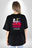 Snopy Kuş Kavgası Çizgi Film Pamuklu Kadın Erkek Oversize Sırt Dijital Baskılı Siyah T-shirt