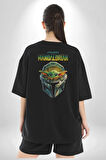 Star Wars The Mandalorian Grogu Pamuklu Kadın Erkek Oversize Sırt Dijital Baskılı Siyah T-shirt