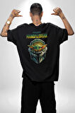 Star Wars The Mandalorian Grogu Pamuklu Kadın Erkek Oversize Sırt Dijital Baskılı Siyah T-shirt