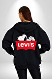Snoppy Levi's Çizgi Film Kadın Erkek Siyah Kapüşonlu Fermuarlı Baskılı Hırka Sweatshirt