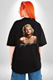 Marilyn Monroe İmzası Pamuklu Kadın Erkek Oversize Sırt Dijital Baskılı Siyah T-shirt