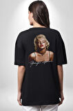 Marilyn Monroe İmzası Pamuklu Kadın Erkek Oversize Sırt Dijital Baskılı Siyah T-shirt