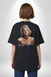 Marilyn Monroe İmzası Pamuklu Kadın Erkek Oversize Sırt Dijital Baskılı Siyah T-shirt