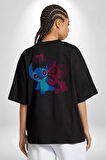 Lilo ve Stitch Aşk Pamuklu Kadın Erkek Oversize Sırt Dijital Baskılı Siyah T-shirt