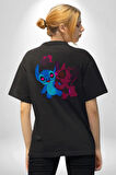 Lilo ve Stitch Aşk Pamuklu Kadın Erkek Oversize Sırt Dijital Baskılı Siyah T-shirt