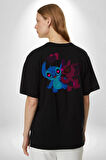 Lilo ve Stitch Aşk Pamuklu Kadın Erkek Oversize Sırt Dijital Baskılı Siyah T-shirt