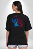 Lilo ve Stitch Aşk Pamuklu Kadın Erkek Oversize Sırt Dijital Baskılı Siyah T-shirt