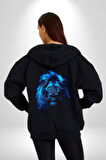 Aslan Mavi Gözlü Kadın Erkek Siyah Kapüşonlu Fermuarlı Baskılı Hırka Sweatshirt