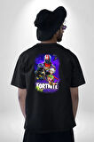 Fortnite Karakterleri Oyun Pamuklu Kadın Erkek Oversize Sırt Dijital Baskılı Siyah T-shirt