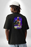 Fortnite Karakterleri Oyun Pamuklu Kadın Erkek Oversize Sırt Dijital Baskılı Siyah T-shirt