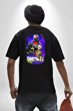 Fortnite Karakterleri Oyun Pamuklu Kadın Erkek Oversize Sırt Dijital Baskılı Siyah T-shirt