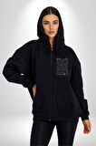 Pac-Man Oyun Kadın Erkek Siyah Kapüşonlu Fermuarlı Baskılı Hırka Sweatshirt