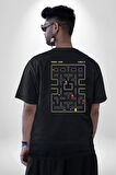 Pac-Man Oyun Pamuklu Kadın Erkek Oversize Sırt Dijital Baskılı Siyah T-shirt