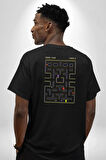Pac-Man Oyun Pamuklu Kadın Erkek Oversize Sırt Dijital Baskılı Siyah T-shirt