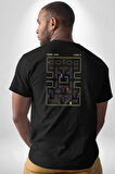 Pac-Man Oyun Pamuklu Kadın Erkek Oversize Sırt Dijital Baskılı Siyah T-shirt