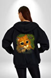 Çizmeli Kedi Çizgi Film Kadın Erkek Siyah Kapüşonlu Fermuarlı Baskılı Hırka Sweatshirt