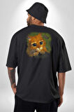 Çizmeli Kedi Çizgi Film Pamuklu Kadın Erkek Oversize Sırt Dijital Baskılı Siyah T-shirt
