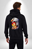 Kartal Kızıl Derili Kadın Erkek Siyah Kapüşonlu Fermuarlı Baskılı Hırka Sweatshirt
