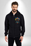 Captan Marvel Kadın Erkek Siyah Kapüşonlu Fermuarlı Baskılı Hırka Sweatshirt