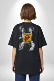 Rolling Stones Pamuklu Kadın Erkek Oversize Sırt Dijital Baskılı Siyah T-shirt