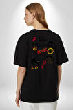 Ünlü Rock Yıldızları Karma Pamuklu Kadın Erkek Oversize Sırt Dijital Baskılı Siyah T-shirt