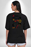 Ünlü Rock Yıldızları Karma Pamuklu Kadın Erkek Oversize Sırt Dijital Baskılı Siyah T-shirt