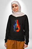 Ateşli Gitar Su Ve Ateş Kadın Erkek Siyah Sweatshirt 