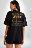 Rolling Stones Grup 60.Yıl İmza Pamuklu Kadın Erkek Oversize Sırt Dijital Baskılı Siyah T-shirt