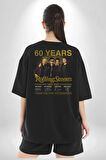 Rolling Stones Grup 60.Yıl İmza Pamuklu Kadın Erkek Oversize Sırt Dijital Baskılı Siyah T-shirt