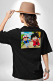 Dragon Ball X Pokémon Japon Anime Pamuklu Kadın Erkek Oversize Sırt Dijital Baskılı Siyah T-shirt