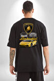 Lamborghini  Pamuklu Kadın Erkek Oversize Sırt Dijital Baskılı Siyah T-shirt