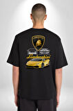 Lamborghini  Pamuklu Kadın Erkek Oversize Sırt Dijital Baskılı Siyah T-shirt