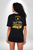 Lamborghini  Pamuklu Kadın Erkek Oversize Sırt Dijital Baskılı Siyah T-shirt