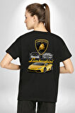 Lamborghini  Pamuklu Kadın Erkek Oversize Sırt Dijital Baskılı Siyah T-shirt
