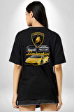 Lamborghini  Pamuklu Kadın Erkek Oversize Sırt Dijital Baskılı Siyah T-shirt
