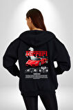 Ferrari Enzo Klasik Kadın Erkek Siyah Kapüşonlu Fermuarlı Baskılı Hırka Sweatshirt