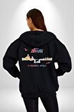 İstanbul Özel Tasarım  Kadın Erkek Siyah Kapüşonlu Fermuarlı Baskılı Hırka Sweatshirt