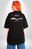 İstanbul Özel Tasarım  Pamuklu Kadın Erkek Oversize Sırt Dijital Baskılı Siyah T-shirt