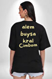 Alem Buysa Kral CİMBOM Pamuklu Kadın Erkek Oversize Sırt Dijital Baskılı Siyah T-shirt