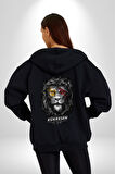 Kükresen Yeter Sarı Kırmızı Aslan Kadın Erkek Siyah Kapüşonlu Fermuarlı Baskılı Hırka Sweatshirt