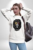 Kükresen Yeter Sarı Kırmızı Aslan Kadın Erkek Beyaz Sweatshirt 