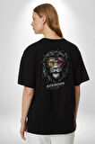 Kükresen Yeter Sarı Kırmızı Aslan Pamuklu Kadın Erkek Oversize Sırt Dijital Baskılı Siyah T-shirt
