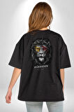 Kükresen Yeter Sarı Kırmızı Aslan Pamuklu Kadın Erkek Oversize Sırt Dijital Baskılı Siyah T-shirt