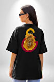 Sarı Kırmızı Aslan Ateş Logo Pamuklu Kadın Erkek Oversize Sırt Dijital Baskılı Siyah T-shirt